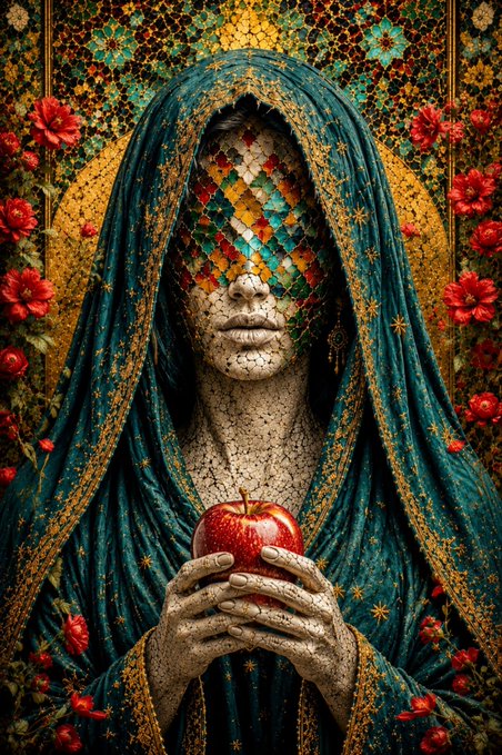A detailed, ornate artwork featuring a figure draped in a teal, gold-embroidered hood, with their face obscured by a colorful mosaic pattern, holding a red apple against a background of golden patterns and red flowers.