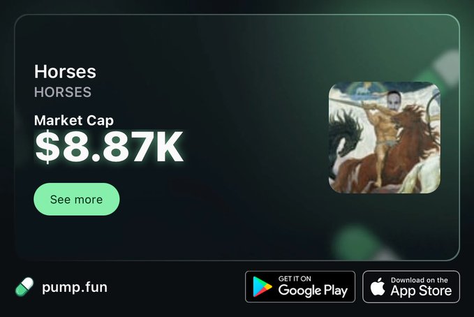 A promotional card for the "Horses" token ($HORSES) on pump.fun shows a market cap of $8.87K alongside classical artwork of a horse and rider. The post from a friend endorsing creator Regi's coin aligns with the image, highlighting community support and transparency with a "See more" call-to-action.