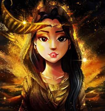 A digital illustration of a woman with long dark hair, striking features, and golden horn-like adornments set against a fiery, sparkling background.