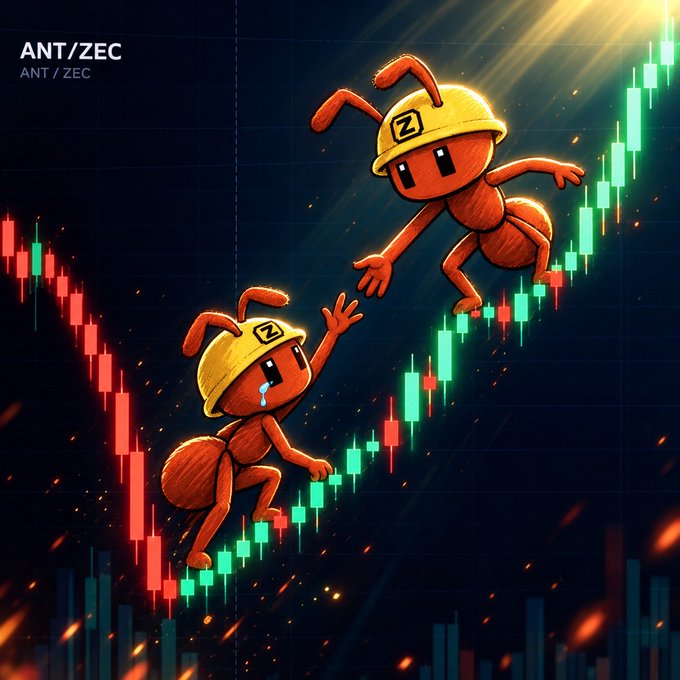 A digital illustration showing two cartoon ants wearing yellow hard hats with 'Z' logos struggling on a candlestick chart for ANT/ZEC, depicting a dramatic market crash.