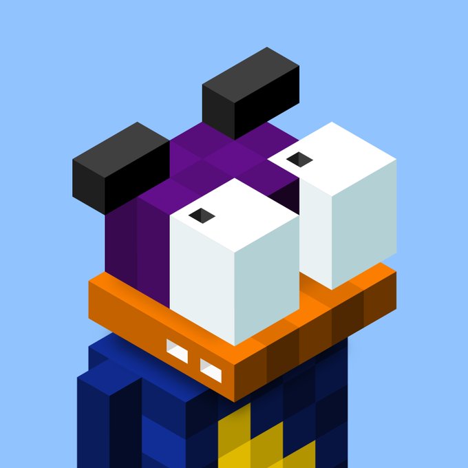 An isometric 3D voxel-style rendering of a king chess piece (or similar character) with a purple head, white face blocks, and an orange collar.