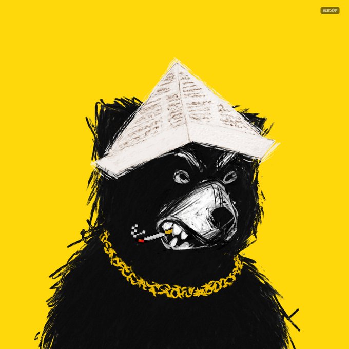 An illustration of a snarling black bear wearing a white pyramid hat and a thick gold chain, set against a solid yellow background with a small 'BEAR' watermark.