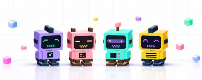 Four colorful toy robots with pixel faces stand on a white surface amid small pastel blocks.