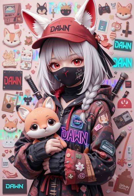 An anime-style digital illustration of a character with fox ears, a 'DAWN' cap, and face mask holding a fox plush, surrounded by various 'DAWN' branded stickers and merchandise.
