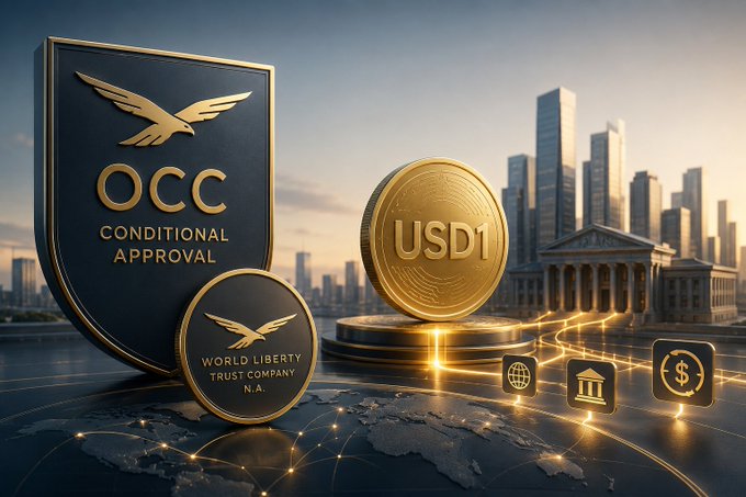 A digital illustration showing 'OCC CONDITIONAL APPROVAL' shield, a 'USD1' gold coin, and 'WORLD LIBERTY TRUST COMPANY N.A.' emblem against a cityscape background.