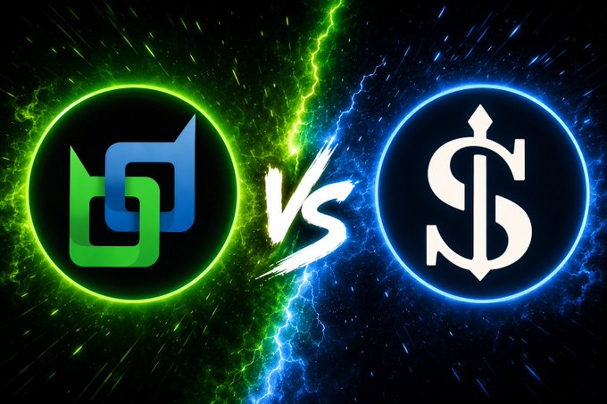 A digital graphic depicting a versus matchup between two logos: a green and blue icon on the left and a stylized white 'S' and 'D' monogram on the right, set against a glowing, lightning-filled background.