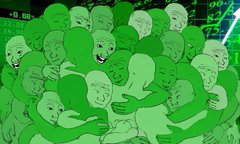 A highly distorted, wavy green image with repeating face-like patterns and streaks, likely a glitch or compression artifact.