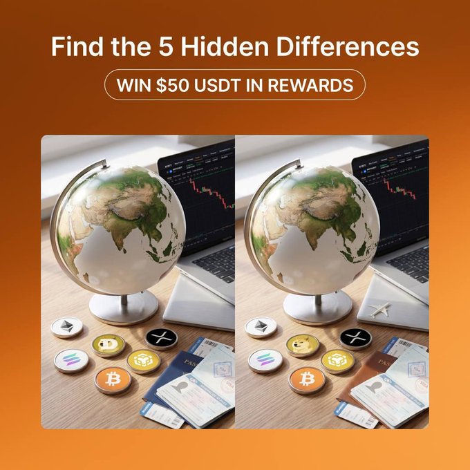 A "Find the 5 Hidden Differences" promotional graphic offering $50 USDT in rewards, featuring two nearly identical images of a globe, laptop with crypto charts, travel stickers, passports, and tickets side-by-side for users to spot the subtle variations.