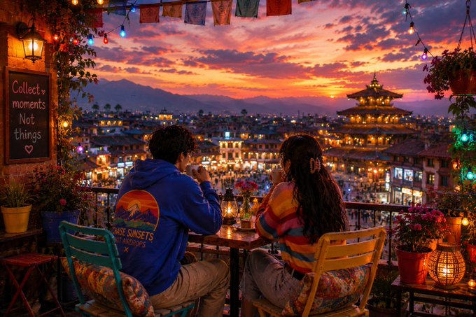 A couple sits at a cafe balcony at sunset overlooking a lit-up plaza with a pagoda-style building; a chalkboard sign reads 'Collect moments Not things' and the man's hoodie says 'CHASE SUNSETS NOT FOMO'.