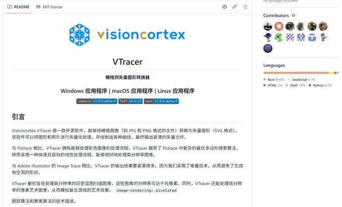 A GitHub README page for the open-source project "VTracer" by Visioncortex, describing it as a raster-to-vector tracer supporting Windows, macOS, and Linux, with the introductory text written in Chinese.