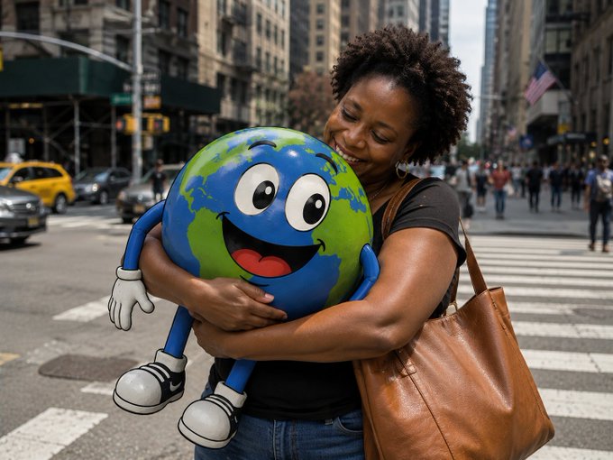 A smiling woman embraces an anthropomorphic Earth plush toy on a busy city street, playfully hugging it like a cherished bag—capturing the wholesome energy of the post's "hug your bags like you mean it" sentiment as she and the cartoon globe share a joyful, affectionate moment.