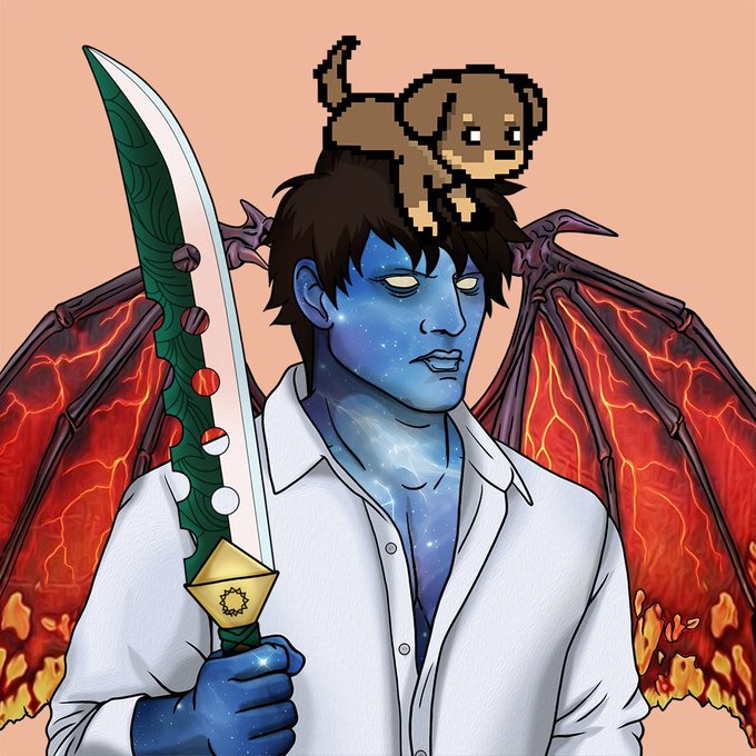 A blue, cosmic-skinned figure with fiery bat wings holds a green sword with celestial gems, while a pixelated brown puppy NFT rests on his head, matching the "Pixel Puppy SolGod" trait highlighted in the post. The artwork, featured as NFT Of The Day 266 from @Solgodsnfts, showcases this rare and humorous combination of a demonic guardian with a nostalgic 8-bit canine companion.