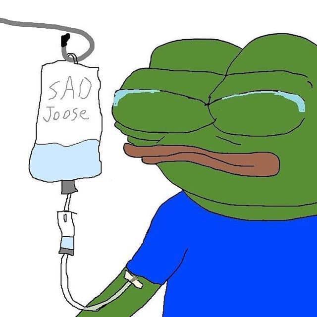 A crying Pepe the Frog is hooked up to an IV drip labeled "SAD Joose," reflecting the post's theme of disappointment—specifically, the frustration of minting 100 NFTs without landing a single rare one.
