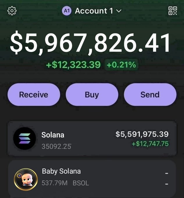 A crypto wallet app screenshot showing an 'Account 1' balance of $5,967,826.41, holding 35,092.25 Solana ($5,591,975.39) and 537.79M Baby Solana (BSOL).