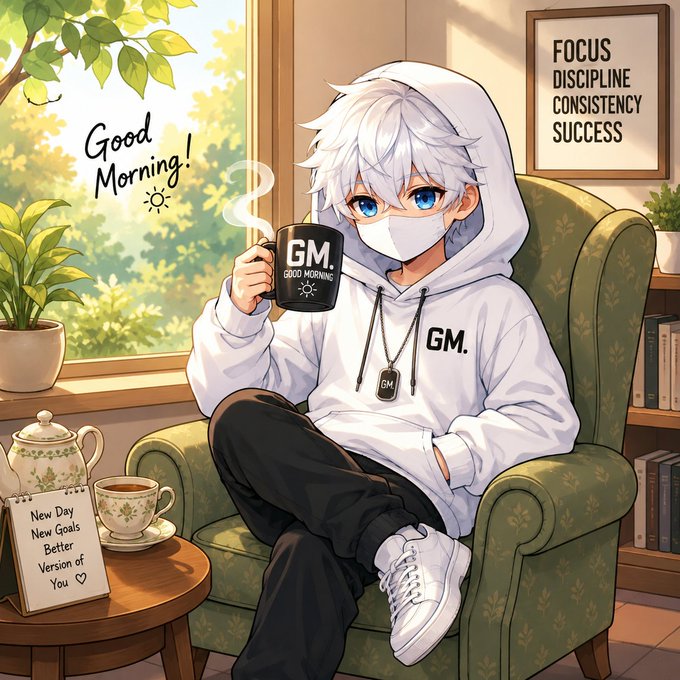 Anime-style illustration of a white-haired character in a 'GM.' hoodie holding a 'GM. GOOD MORNING' mug, with a framed poster reading 'FOCUS DISCIPLINE CONSISTENCY SUCCESS' and a note saying 'New Day New Goals Better Version of You'.