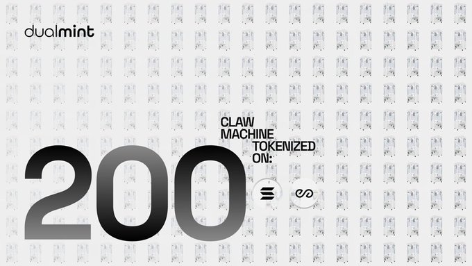 A digital mint page for 'CLAW MACHINE' tokenized on Solana and Ethereum, showing edition number 200 with a repeating claw machine background pattern.
