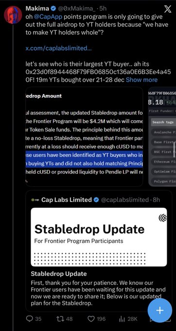 The image shows an X post by Makima (@0xMakima) criticizing CapApp's airdrop program as a "full airdrop to YT holders," referencing Cap Labs Limited's StableDrop Update for Frontier Program Participants. The post links to a tweet with the noted text "most likely he is involved with CapApp," suggesting the image reveals CapApp executed a distribution plan that was previously suspected or known about 8 months earlier.