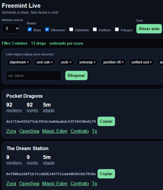 A web interface for 'Freemint Live' in Portuguese, tracking NFT drops across networks like Base, Ethereum, Optimism, Arbitrum, and Polygon, listing collections such as 'Pocket Dragons' and 'The Dream Station' with contract addresses.