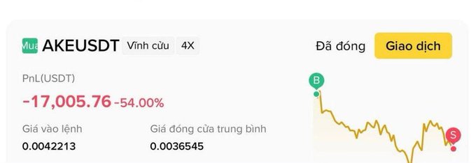A financial chart snippet for the trading pair AKEUSDT showing a price of -17,005.76 PnL(USDT) with a -54.00% change, alongside a price line graph showing a decline from a 'B' (Buy) marker to an 'S' (Sell) marker.