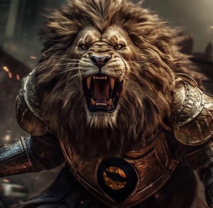 A fantasy digital artwork of a roaring anthropomorphic lion warrior clad in ornate bronze armor.