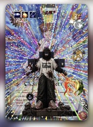 A chaotic mixed-media collage artwork featuring a hooded figure with radiating light beams, a person in a 'I am the father' shirt, and various overlapping symbols and illustrations.