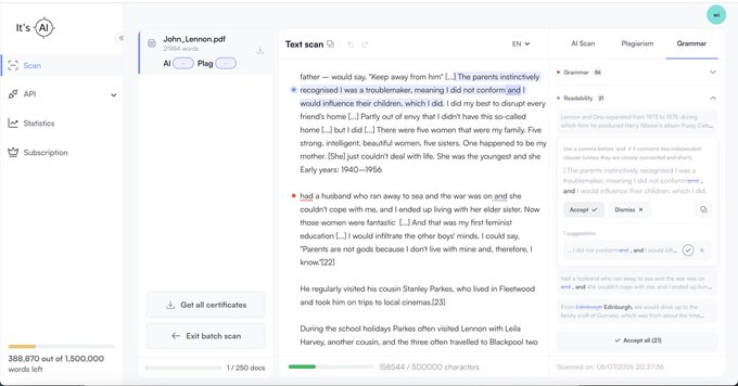 The image shows the "It's AI" platform interface with a text scan of "John_Lennon.pdf" being analyzed, displaying grammar suggestions with readability and plagiarism checks on the sidebar. It illustrates the platform's AI detection and plagiarism checking capabilities referenced in the post about proving content authenticity.