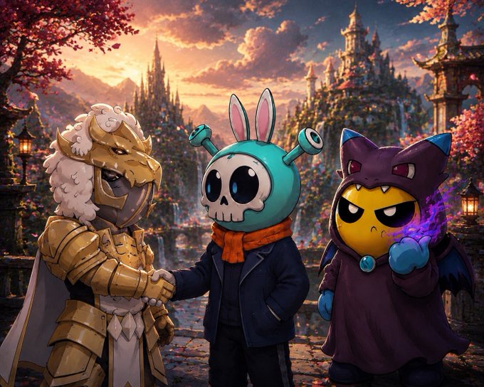 Digital artwork featuring three characters—a knight in golden armor, a creature with a skull helmet and bunny ears, and a yellow creature in a purple demon robe—shaking hands against a fantasy castle backdrop.