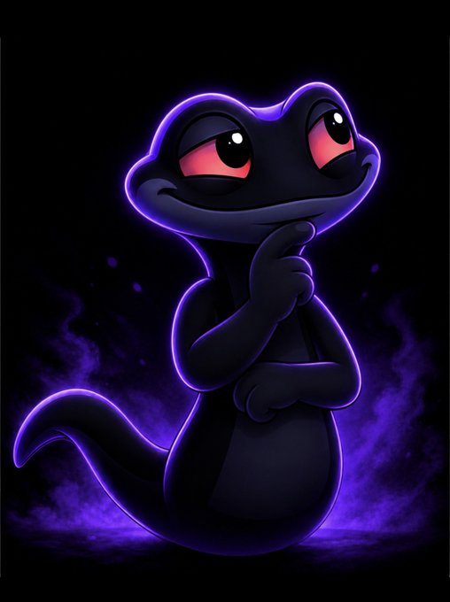 A stylized digital illustration of a smug-looking black lizard or salamander character outlined in glowing purple neon against a dark background.