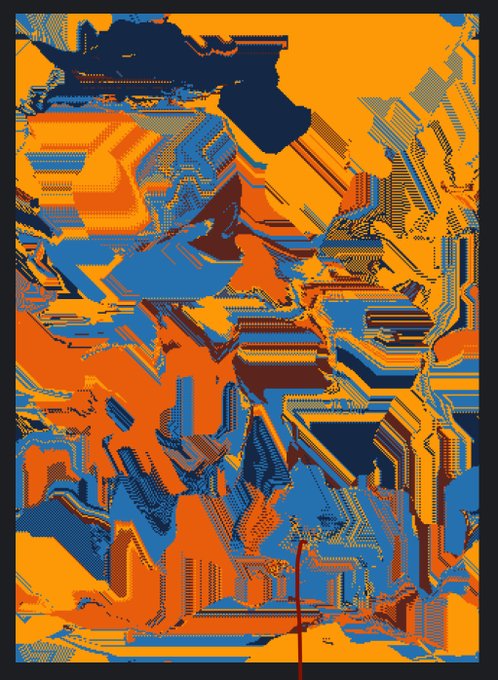 Abstract pixel art or digital glitch-style artwork with a chaotic composition of orange, blue, and brown geometric shapes and patterns within a dark border.
