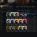A music library interface displays a grid of album covers and track lists with small user avatars.