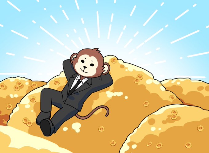 An illustration of a cartoon monkey wearing a black suit, relaxing with its hands behind its head while sitting on a pile of gold coins.
