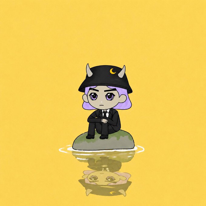 A chibi-style illustration of a small character with purple hair, wearing a black suit and a horned black hat with a crescent moon emblem, sitting on a rock above water with its reflection visible on a yellow background.