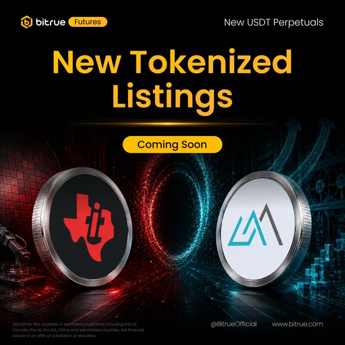 Bitrue Futures announces upcoming tokenized perpetual listings for $TXNUSDT and $NVDLUSDT, featuring logos of Texas Instruments and what appears to be an Nvidia-related asset on a dark digital background with "Coming Soon" text.