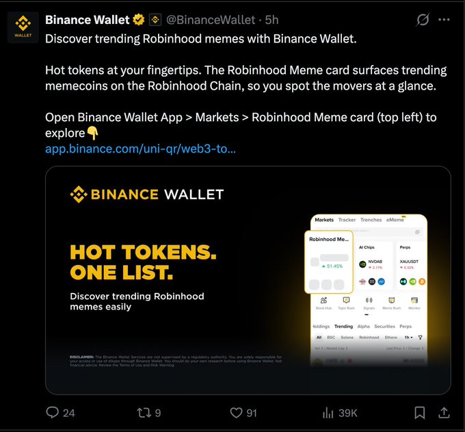 A Binance Wallet promotional tweet (39K views) advertising its new "Robinhood Meme" card feature, which surfaces trending memecoins on the Robinhood Chain—aligning with the caption's note that Binance is capitalizing on the memecoin trend where user attention is currently focused.