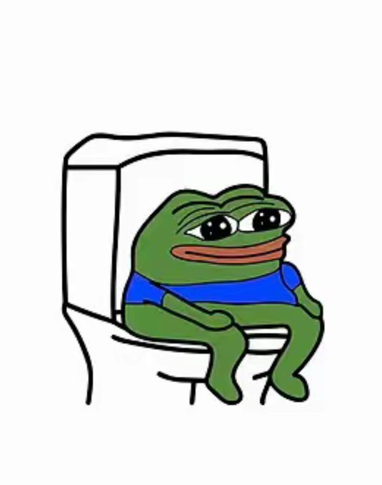 A cartoon drawing of a sad-looking Pepe the Frog wearing a blue shirt sitting on a white toilet.
