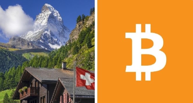 A traditional Swiss alpine chalet with the Matterhorn and a Swiss flag in the background is paired with the Bitcoin symbol, visually representing Switzerland's reputation as a crypto-friendly haven with 0% capital gains tax on Bitcoin and crypto profits for private investors.