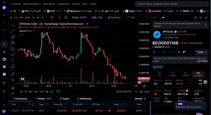 A detailed screenshot of the DEXTerminal.com platform showing a price chart for the OFFICIAL/USD trading pair on PumpSwap, with a 15-minute interval and a security score of $0.00007166.
