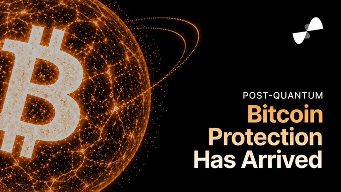 A dark promotional graphic featuring an orange glowing globe with the Bitcoin symbol and orbital lines, accompanied by the text 'POST-QUANTUM Bitcoin Protection Has Arrived' and a small white logo.