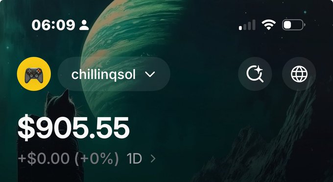 A mobile screen displays a crypto wallet showing the username 'chillinqsol' with a balance of $905.55 and a 0% change over 1D, set against a space wallpaper with a cat silhouette.