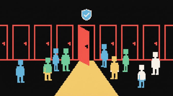 Colorful pixelated figures gather at a doorway marked with a blue checkmark shield, with one red door standing open and casting a golden light beam onto the floor.