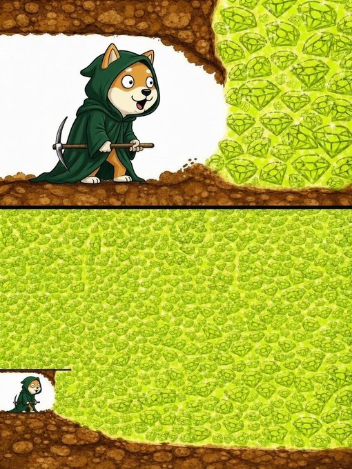A Shiba Inu dog wearing a green cloak and holding a pickaxe stands before an enormous wall of glowing green diamonds, with a small inset showing the dog dwarfed by the massive gemstone hoard. The image humorously illustrates the "Robinhood chain" comparison by depicting the dog as a lone miner facing an overwhelming, seemingly endless supply of Dogecoin/Diamond tokens, capturing the feeling of being a small retail trader amid an impossibly large crypto market.