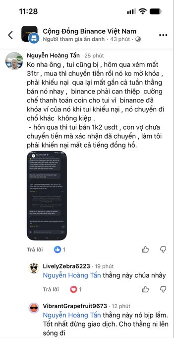 A Vietnamese Facebook post screenshot from the 'Cộng Đồng Binance Việt Nam' group, showing a complaint from Nguyễn Hoàng Tấn about losing 31tr and 1k2 USDT in cryptocurrency transactions.