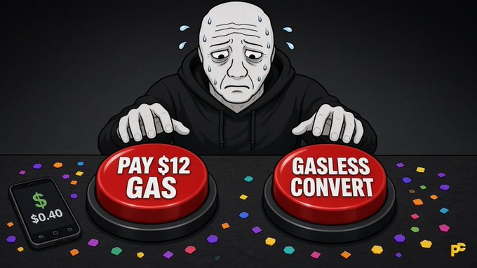 A cartoon illustration shows a sweating, worried bald man hovering between two red buttons labeled 'PAY $12 GAS' and 'GASLESS CONVERT', with a phone showing '$0.40' and colorful confetti scattered around.