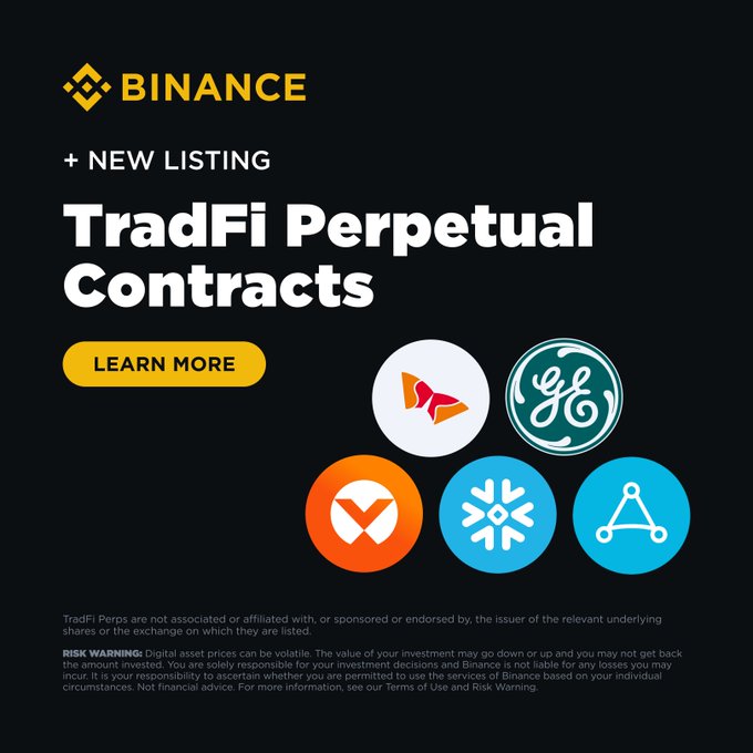 Binance announces new TradFi Perpetual Contracts listings, featuring SK Hynix (SKHYUSDT), GE Vernova (GEVUSDT), Vertiv Holdings (VRTUSDT), Snowflake (SNOWUSDT), and AppLovin (APPUSDT), as shown by the logos and ticker symbols displayed alongside a "Learn More" call-to-action.