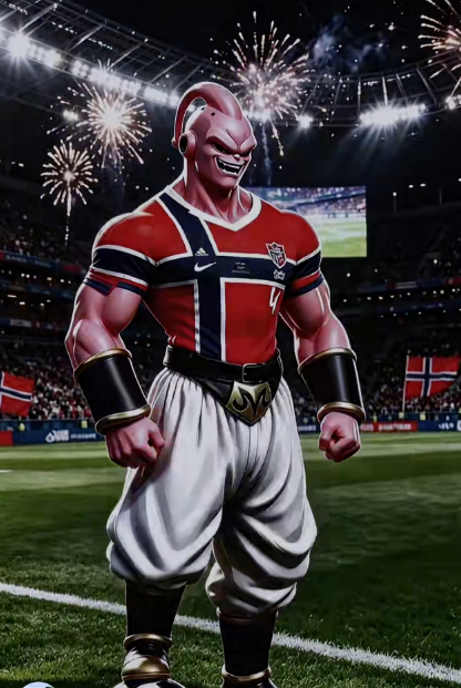 A muscular red character wearing a Norway flag jersey (with '4' visible) standing on a soccer field during a fireworks celebration in a stadium.