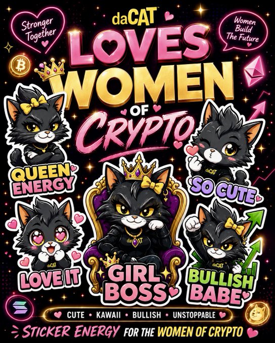 A colorful sticker pack graphic titled 'daCAT LOVES WOMEN OF CRYPTO' featuring cartoon black cats with phrases like 'Queen Energy,' 'Girl Boss,' and 'Bullish Babe.'