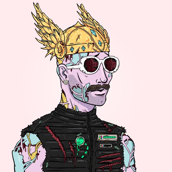 A stylized illustration of a pale, cybernetically-enhanced figure wearing a golden winged helmet and round dark sunglasses, paired with a tattered black vest adorned with circuitry and glowing tech details. The image visually echoes the post's declaration about DeGods NFT art, depicting the iconic punk/degenerate aesthetic the collection is known for, with the character serving as a bold, on-brand avatar promoting the art.