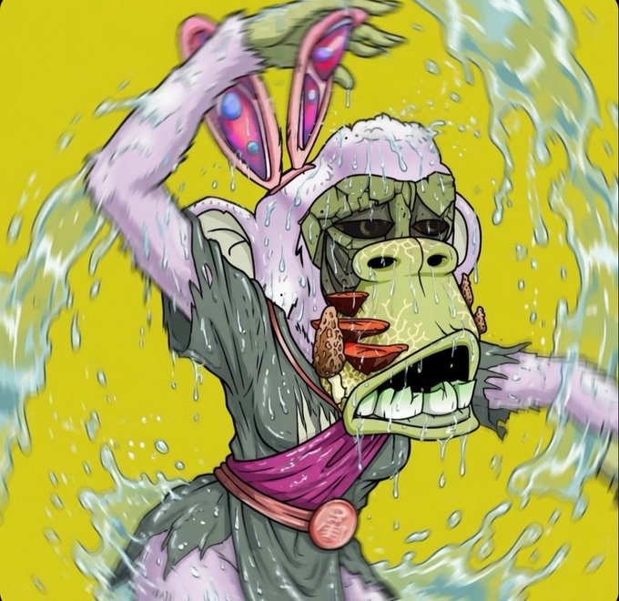 A cartoonish, swampy creature with a grimacing face, dripping in water, wearing a purple sash and bunny-ear-like appendages against a yellow background.