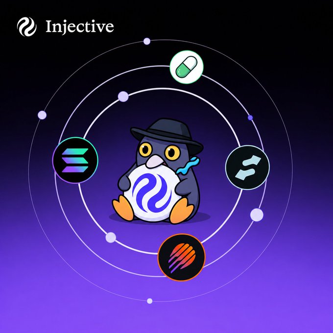 An Injective cryptocurrency graphic features a penguin mascot wearing a hat, surrounded by a cosmic orbital design displaying Solana, a pill icon, and other crypto logos.