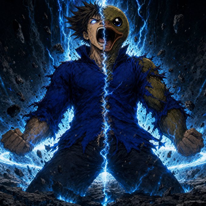 A dramatic anime-style illustration shows a character split down the middle between a human and a masked figure, surrounded by blue lightning and energy.